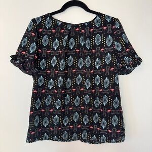 Sugarhill Boutique Blouse Flamingos Animal Print Ruffle Short Sleeve Sz 12